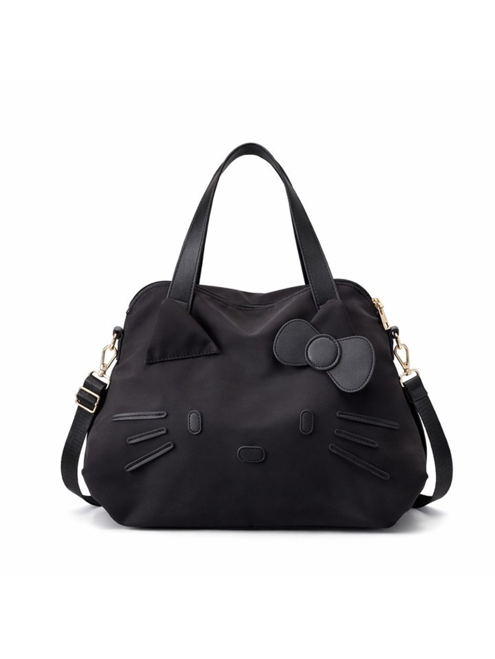 Cute Black Cat Face Travel Tote Bag with Bow Accent and Detachable Strap